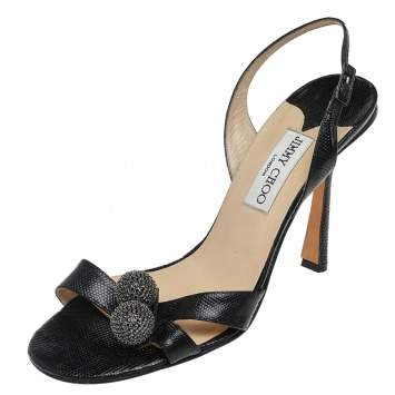 Pre Owned Jimmy Choo Black Lizard Embossed Leather Embellished Slingback Sandals Size 40