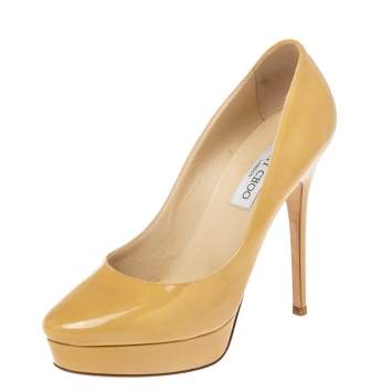Pre Owned Jimmy Choo Mustard Yellow Patent Leather Alex Platform Pumps Size 38.5