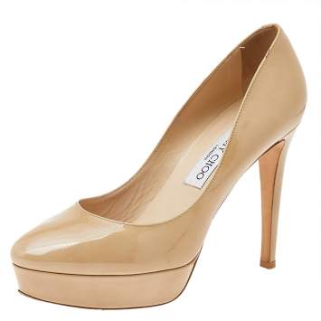 Pre Owned Jimmy Choo Beige Patent Leather Cosmic Platform Pumps Size 38