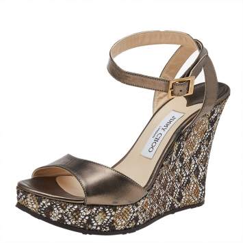 Pre Owned Jimmy Choo Metallic Leather Wedge Platform Sandals Size 41