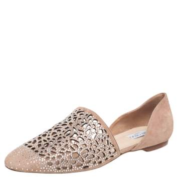 Pre Owned Jimmy Choo Beige Suede Embellished Flats Size 40.5 