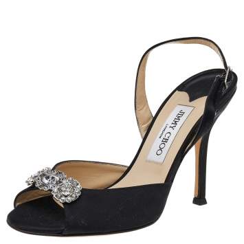 Pre Owned Jimmy Choo Black Satin Crystal Embellished Ankle Strap Sandals Size 38