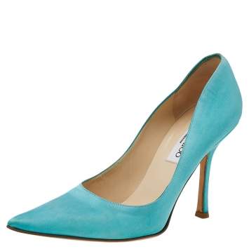 Pre Owned Jimmy Choo Green Satin Pointed Toe Pumps Size 38.5