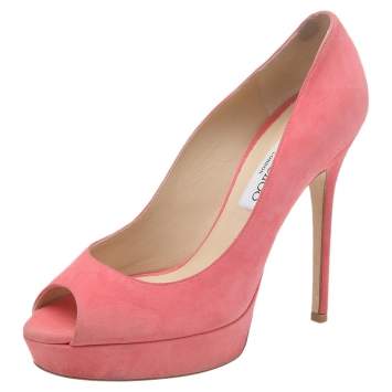 Pre Owned Jimmy Choo Pink Suede Crown Peep Toe Platform Pumps Size 37
