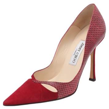 Pre Owned Jimmy Choo Red Suede And Snakeskin Embossed Leather Pumps Size 38