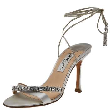 Pre Owned Jimmy Choo Silver Satin Crystal Embellished Wrap Sandals Size 38.5