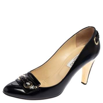 Pre Owned Jimmy Choo Black Shine Leather and Snakeskin Trim Pumps Size 39
