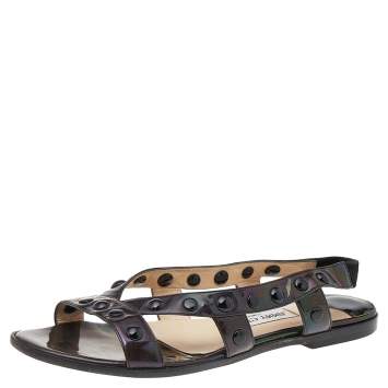 Pre Owned Jimmy Choo Black Patent Leather Embellished Sandals Size 38.5