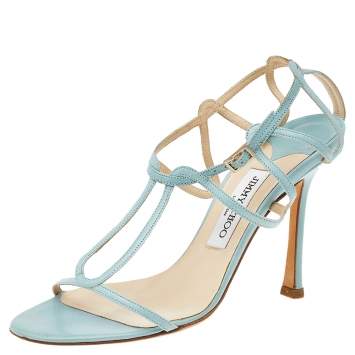 Pre Owned Jimmy Choo Blue Leather T-Strap Sandals Size 38