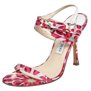 Pre Owned Jimmy Choo Multicolor Floral Print Satin Ankle Strap Sandals Size 38.5