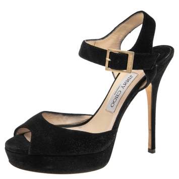 مملوكة مسبقًا Jimmy Choo Black Suede Peep Toe Ankle Strap Platform Sandals Size 38