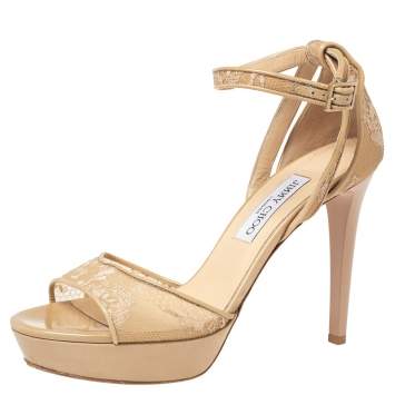 Pre Owned Jimmy Choo Beige Lace, Mesh, And Patent Leather Kayden Ankle Strap Platform Sandals Size 40