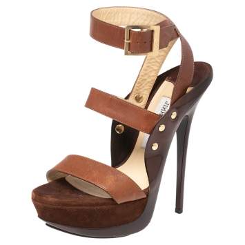 Pre Owned Jimmy Choo Brown Leather and Suede Halley Platform Sandals Size 37.5