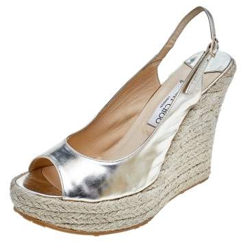 Pre Owned Jimmy Choo Gold Leather Espadrille Platform Wedge Slingback Sandals Size 41