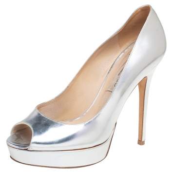 Pre Owned Jimmy Choo Silver Leather Platform Peep Toe Pumps Size 38