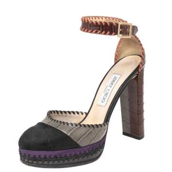 Pre Owned Jimmy Choo Multicolor Croc Embossed Leather And Suede Ankle Strap Platform Sandals Size 37.5