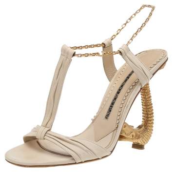 Pre Owned Jimmy Choo Cream Leather Chain Ankle Strap Sandals Size 38