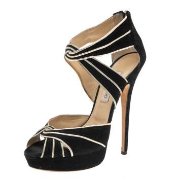 Pre Owned Jimmy Choo Black/Gold Suede And Leather Koko Sandals Size 41.5