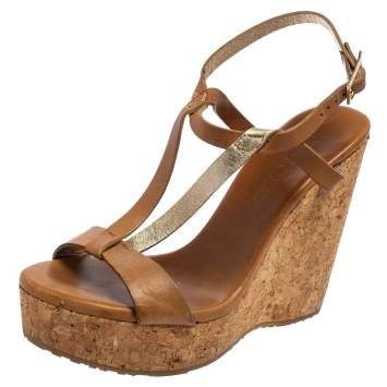 Pre Owned Jimmy Choo Beige/Gold Leather Strappy Cork Wedge Sandals Size 38.5