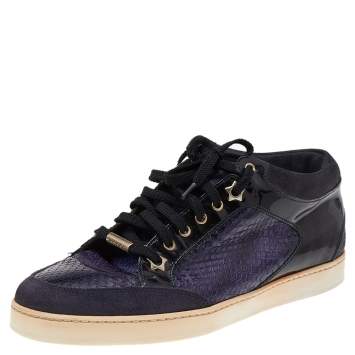 Pre Owned Jimmy Choo Purple/Black Snakeskin Leather, Suede, and Patent Leather Sneakers Size 38