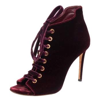 Pre Owned Jimmy Choo Burgundy Velvet Mavy Lace-Up Open Toe Booties Size 38.5