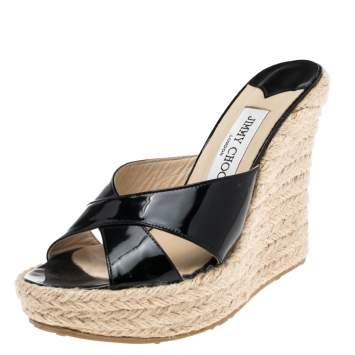Pre Owned Jimmy Choo Black Patent ‘Phyllis’ Espadrilles Wedges Slides Size 38