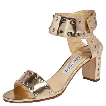 Pre Owned Jimmy Choo Gold Leather Studded Ankle Strap Sandals Size 38