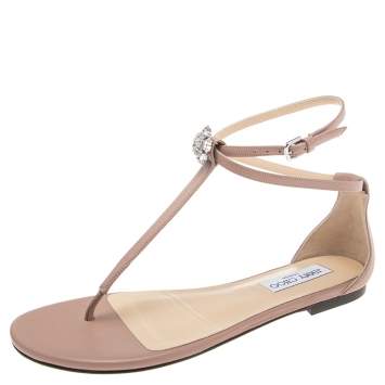 Pre Owned Jimmy Choo Beige Leather Afia Flat Sandals Size 38.5