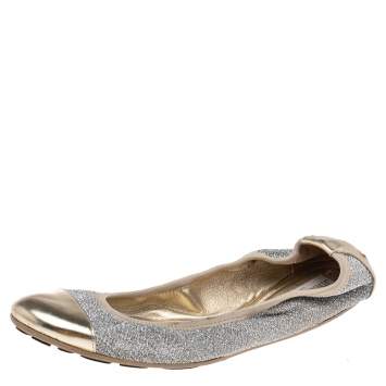 Pre Owned Jimmy Choo Metallic Gold/Silver Lamé Fabric and Leather Cap Toe Winnie Scrunch Ballet Flats Size 41