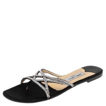Pre Owned Jimmy Choo Black Satin Crystal Embellished Flat Slides Size 41