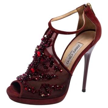 Pre Owned Jimmy Choo Burgundy Mesh and Suede Embellished Ankle-Strap Sandals Size 37
