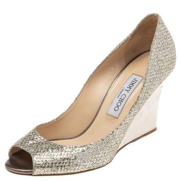 Pre Owned Jimmy Choo Metallic Gold Glitter Baxen Peep Toe Wedge Pumps Size 38