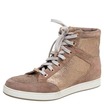 Pre Owned Jimmy Choo Rose Gold Suede And Glitter Tokyo High Top Sneakers Size 36.5