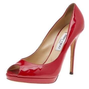 Pre Owned Jimmy Choo Red Patent Leather Peep Toe Platform Pumps Size 41.5