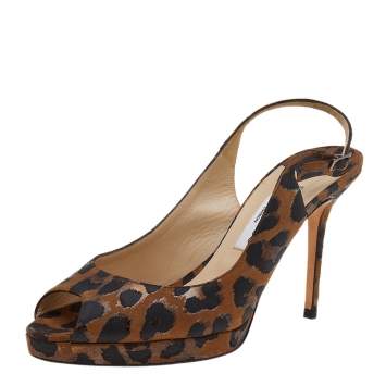 Pre Owned Jimmy Choo Brown Leopard Print Fabric Platform Peep Toe Slingback Sandals Size 41