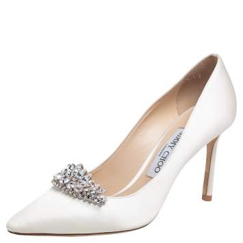 Pre Owned Jimmy Choo Off White  Satin Crystal Embellished Romy Pointed Toe Pumps Size 37