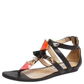 Pre Owned Jimmy Choo Black Leather Crystal Embellished T Strap Flat Sandals Size 39.5