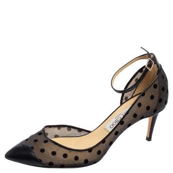 Pre Owned Jimmy Choo Black Leather and Mesh Lucy Polka Dots D'orsay Pumps Size 39 