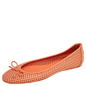 Pre Owned Jimmy Choo Orange Perforated Leather Walsh Bow Ballet Flats Size 39