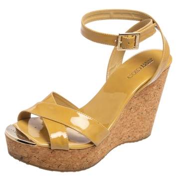 Pre Owned Jimmy Choo Yellow Patent Leather Lucia Cross Strap Wedge Ankle-Strap Sandal Size 39
