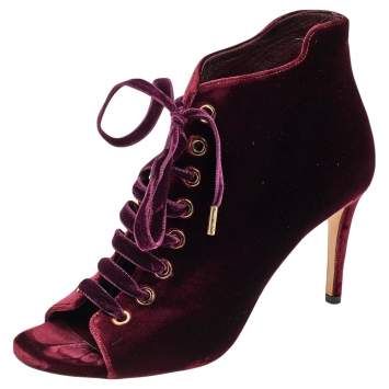 Pre Owned Jimmy Choo Burgundy Velvet Mavy Lace-Up Open Toe Booties Size 37.5