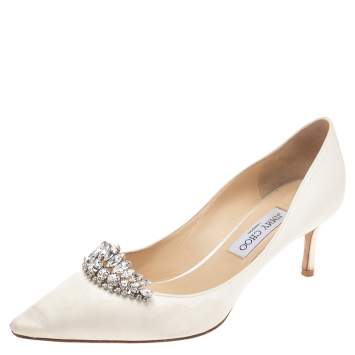 Pre Owned Jimmy Choo Off White Satin Crystal Embellished Romy Pointed Toe Pumps Size 41