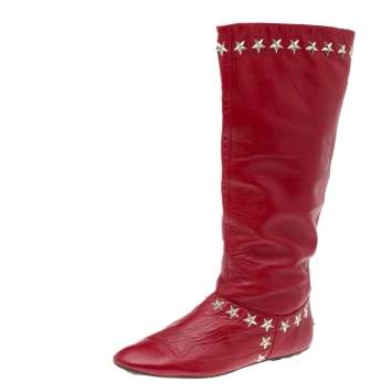 Pre Owned Jimmy Choo Red Leather Embellished Mid Calf Boots Size 37