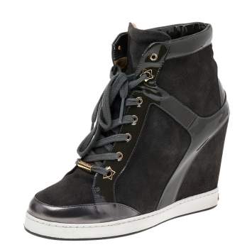 Pre Owned Jimmy Choo Dark Grey Patent Leather And Suede Panama Wedge Sneakers Size 39