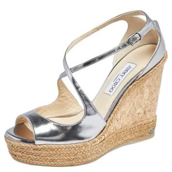 Pre Owned Jimmy Choo Silver Leather Espadrille Wedge Sandals Size 40