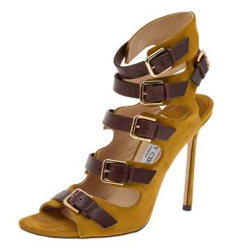 Pre Owned Jimmy Choo Yellow/Brown Suede And Leather Trick Caged Sandals Size 40