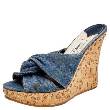 Pre Owned Jimmy Choo Blue Denim Slide Sandals Size 38