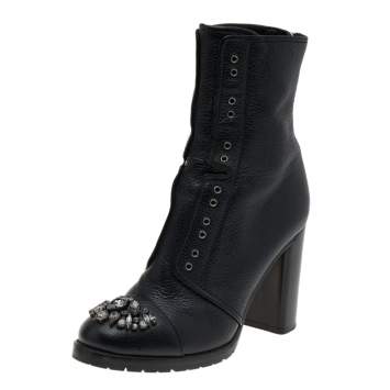 Pre Owned Jimmy Choo Black Leather Crystal Embellished Datchet Ankle Boots Size 38.5