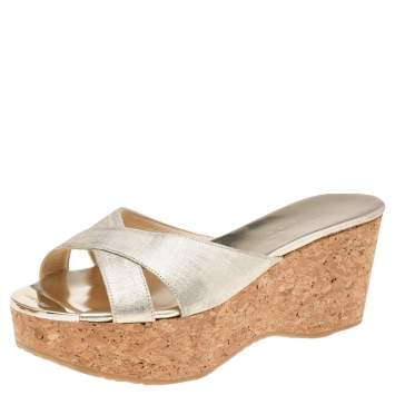 Pre Owned Jimmy Choo Gold Leather Prima  Cork Wedge Platform Slide Sandals Size 40