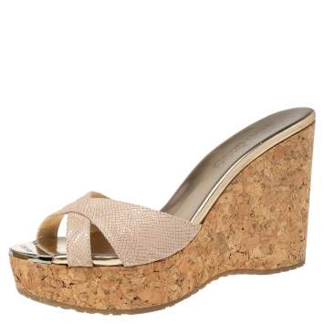 Pre Owned Jimmy Choo Beige Lizard Embossed Leather Perfume Cork Wedge Slide Sandals Size 36.5